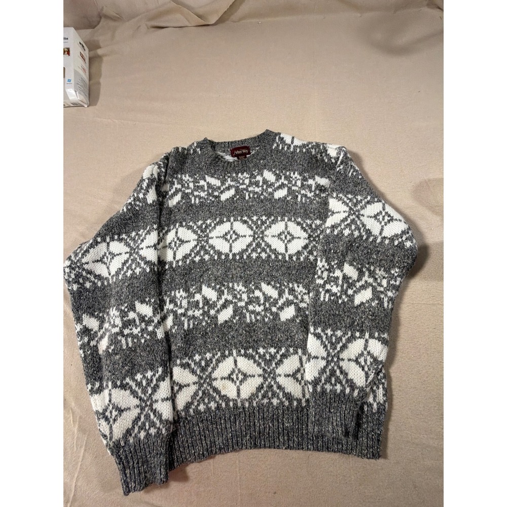 Arbor‎ Way Mens Gray White Fair Isle Snowflake Wool Blend Crewneck Sweater Large